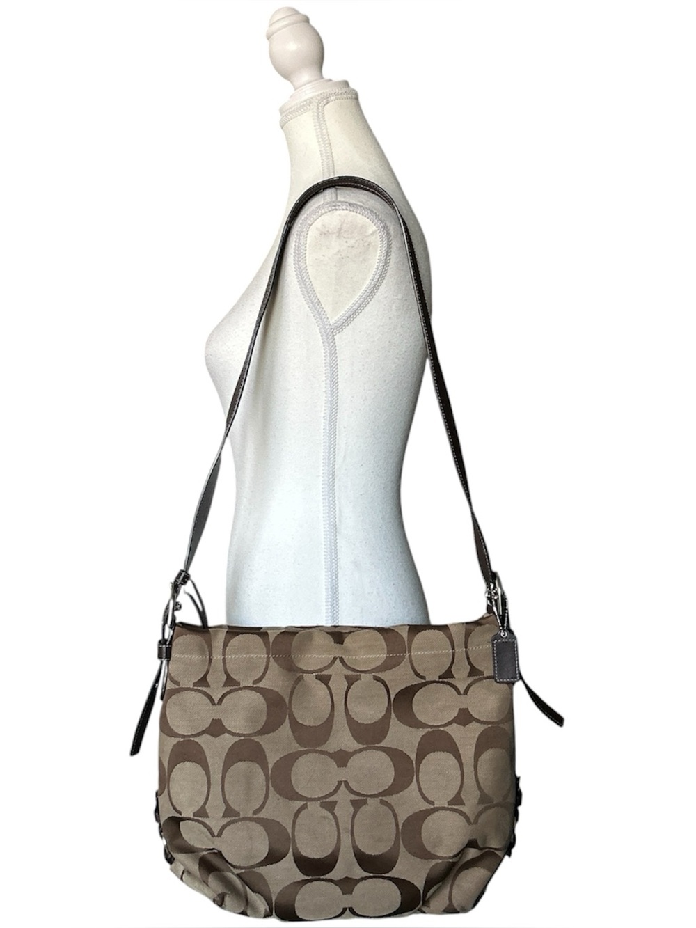 Y2K “Coach” Brown and Tan Monogram Print Signature Hobo Shoulder Bag